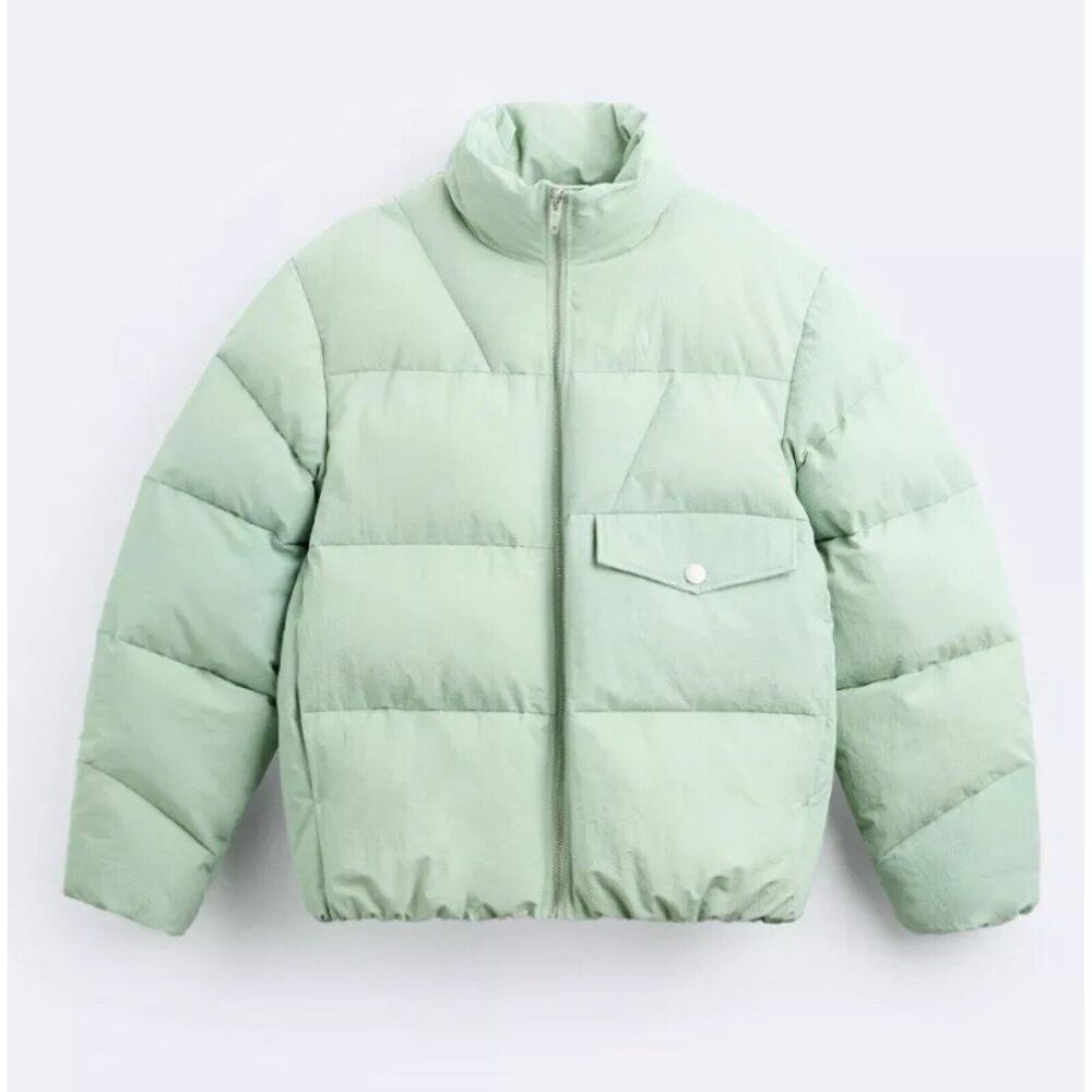 Zara Puffer Jacket Men's Green Mock Neck Long Sleeve Pocket Detail Zip-Up Small - Picture 7 of 17